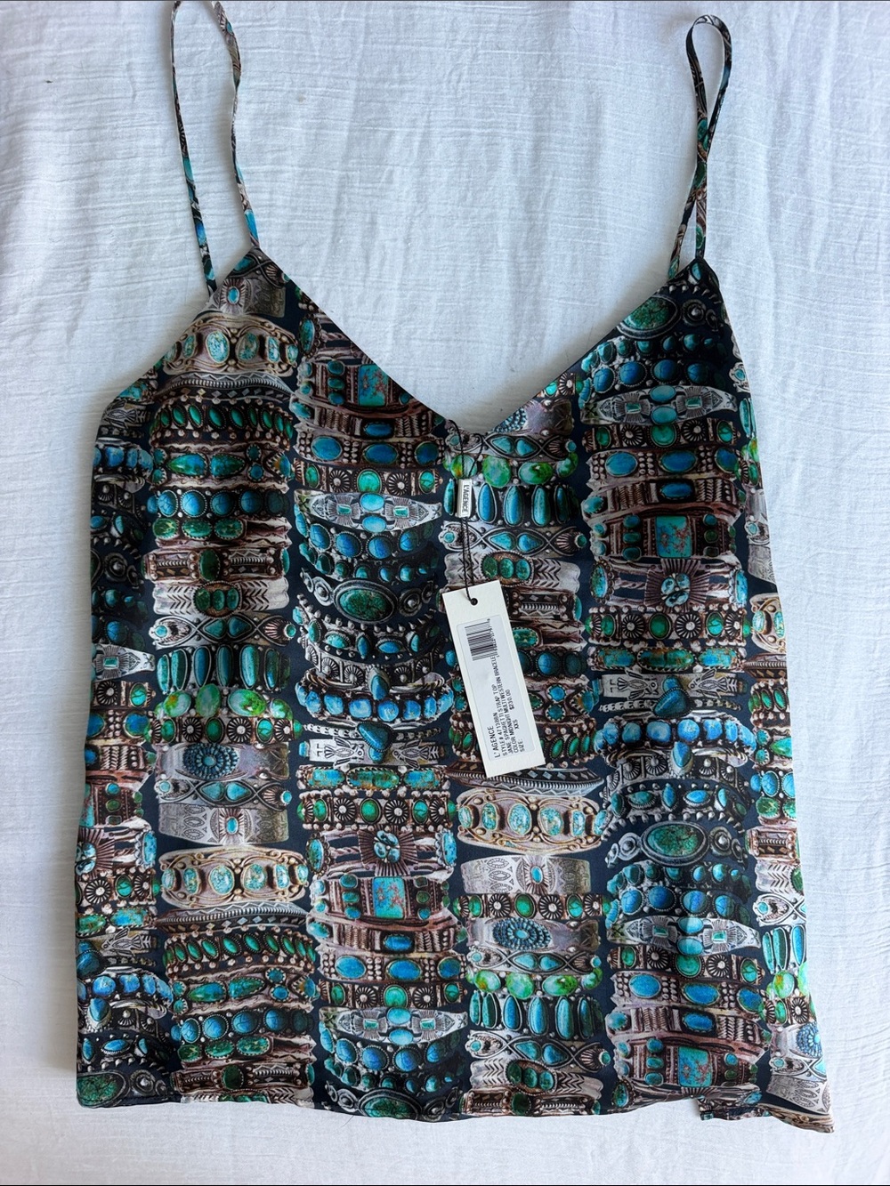 L'AGENCE Turquoise and Green Printed Silk Camisole